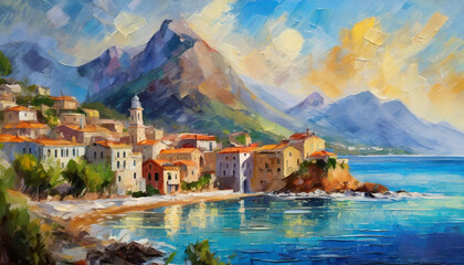 Wall Mural - oil painting of a small town by the sea and ocean with the shore, big beautiful mountains, summer holidays holidays sun