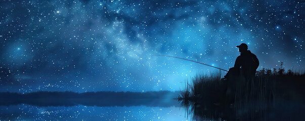 Night fishing silhouette, under starry sky, peaceful atmosphere, digital art, isolated on white background.