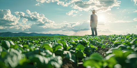 Poster - A man stands in a field of green plants, looking up at the sky