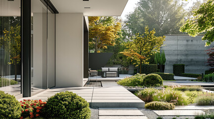 Poster - Modern minimalist styles, garden, orderly white floor tile, shrubs, flowers, table, chair. Generative AI.