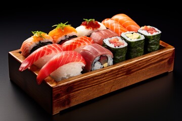Wall Mural - Various types of sushi in a wooden box on a white background Showing the traditional atmosphere.
