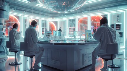 Poster - Futuristic laboratory with researchers sitting by the table, lab workers in fashionable white lab coats in iridescent futuristic luxury laboratory environment in iridescent white. Generative AI.