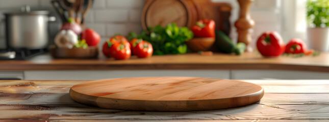 Wall Mural - Empty wooden round pizza board on the kitchen counter with a blurred background of a modern interior and vegetables, space for product display presentation