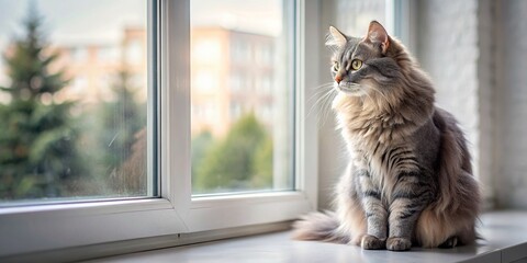 Wall Mural - A fluffy grey cat sitting on a windowsill looking out curiously , feline, pet, animal, domestic, fluffy, cute, whiskers, fur