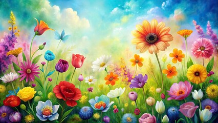 Wall Mural - Abstract painting of colorful spring flowers , spring, abstract, background, painting, flowers, vibrant, colors, art