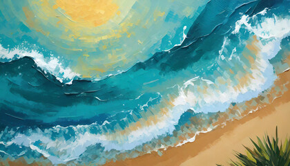 Poster - oil painting sea waves of water at sunset, summer vacation holidays, sun rays, abstract background texture banner for presentation