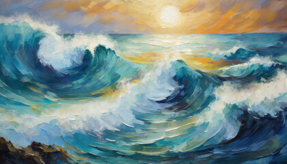 Poster - oil painting sea waves of water at sunset, summer vacation holidays, sun rays, abstract background texture banner for presentation