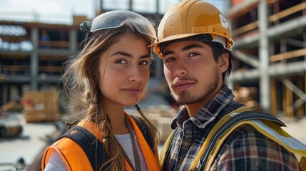 Wall Mural - A young man and a young woman at a construction site, both wearing black safety helmets and construction vests. stand in front of a partially constructed building made of steel beams and concrete.