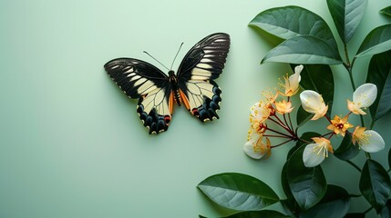 Wall Mural - Butterfly and Flowers on a Green Background