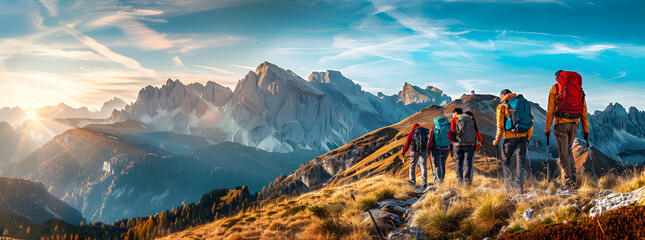 Wall Mural - Hikers with backpacks walking on the path in mountain