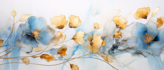 Aufkleber - Handmade watercolor alcohol inks flowers with blue hues, artistic and vibrant floral illustration.