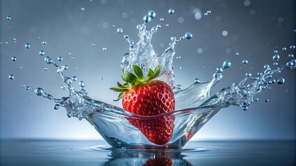 Wall Mural - Strawberry splashing in water , vibrant, fruit, fresh, red, juicy, refreshing, summer, healthy, splash, motion, droplets