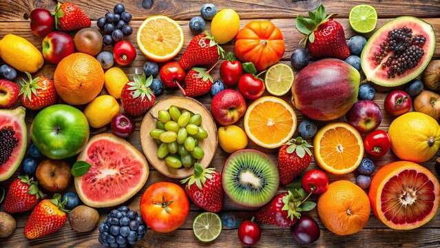 Fresh and colorful assortment of various fruits , healthy, organic, nutrition, tropical, juicy, ripe, vibrant, delicious