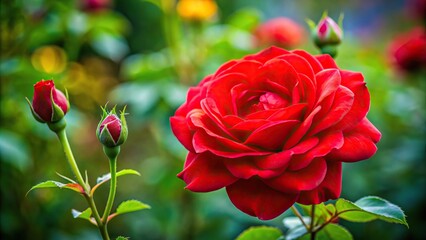 Wall Mural - Close-up of vibrant red rose and budding blossom in garden , red, rose, flower, garden, close-up, vibrant, outdoors, bud, growing
