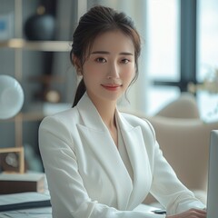 Wall Mural - A beautiful Chinese woman in a white suit working at her desk. Generative AI.