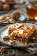 Wall Mural - baklava with honey on the table. Selective focus