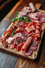 Wall Mural - meat sausage cut on a plate. Selective focus