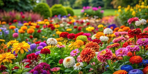 Poster - Vibrant array of colorful flowers blooming in a lush garden , nature, plants, outdoors, beauty, petals, blossom, foliage