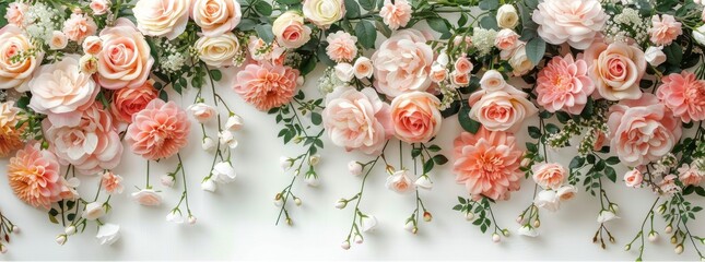 Wall Mural - Delicate Pink and White Rose Arrangement With Babys Breath and Greenery