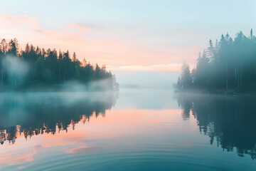 Wall Mural - panoramic view of misty lake in finland at dawn with forest on the horizon