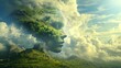 © Login - Double exposure combines a woman's face, high mountains and forest. Panoramic view. The concept of the unity of nature and man. Dream, reminisce or plan a climb. Memory of a mountaineer. Illustration.
