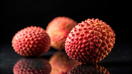 Wall Mural - Litchi fruit on a striking black background, litchi, fruit, black background, tropical, exotic, fresh, juicy, vibrant, colorful