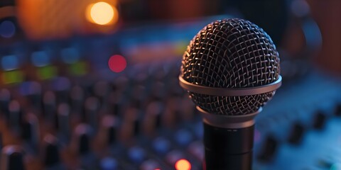 Closeup of microphone in recording studio for podcast voic. Concept Podcast Recording Studio, Closeup Shots, Microphone Details