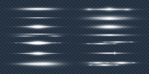 Wall Mural - Shining bright horizontal light effects PNG, isolated on a transparent background, glare, lines, particles of bright light. Set of vector lines for web design