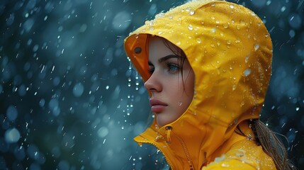 A young lady in yellow rain attire, captured side profile in the rain, illustrating pensive mood and deep thought, with glistening raindrops, symbolizing contemplation and resilience.