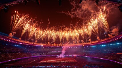 Athletes from around the world gather for the Olympic 2024 opening ceremony, showcasing their national pride and unity as they parade into the stadium under vibrant lights and a spectacular fireworks