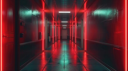 Leinwandbilder - A dark hallway, dimly lit by neon. Generative AI.