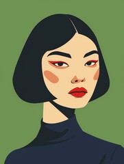 Wall Mural - A digital illustration of a young woman with black hair, red lipstick, and a serious expression