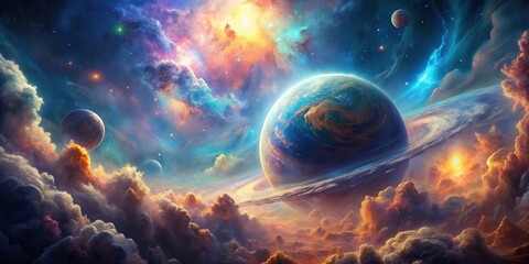 Wall Mural - A stunning image of a distant planet in space with colorful gases and swirling clouds, planet, space, galaxy