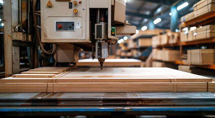 Leinwandbilder - A plywood factory, warm and clean, with CNC machine. Generative AI.