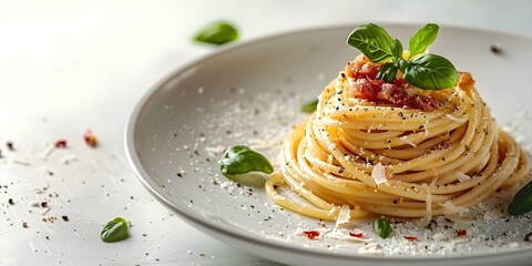 Canvas Print - Spaghetti Carbonara with Parmesan Cheese on a Simple White Background. Concept Food Photography, Spaghetti Carbonara, Parmesan Cheese, White Background, Simple Composition