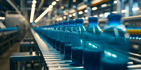 Wall Mural - Inside a Beverage Factory Conveyor Belt of Juice Bottles in Blue. Concept Beverage Factory, Conveyor Belt, Juice Bottles, Blue Color, Industrial Machinery