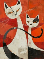 Poster - A modern abstract painting featuring two cats with black and white markings against a vibrant red background