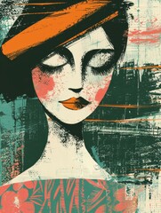Wall Mural - A digital illustration of a womans face with closed eyes, wearing a bright orange hat. The image is abstract and stylized, with a textured background