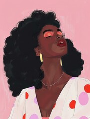 Wall Mural - An illustration of a Black woman with a large afro hairstyle wearing a white polka dot dress and looking up