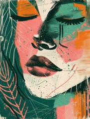 Wall Mural - A digital art piece featuring a close-up of a womans face with closed eyes, accented by a green and pink background