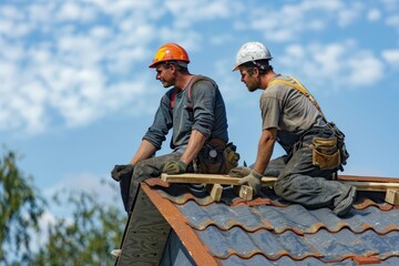 Two construction workers are seen on top of a roof, engaging in repair work under a bright blue sky, with tools and safety gear ensuring effective and safe construction activities.