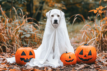 Wall Mural - Spooky Pup: Adorable Dog in Ghost Costume Surrounded by Halloween Pumpkins