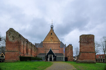 The ruined church on a rainy day in the Dutch city of Bergen