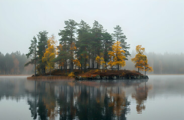Wall Mural - Photo of small island with pine trees in the middle of a lake, foggy weather, autumn colors, taken