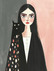 Wall Mural - A digital illustration of a woman with black hair and a black dress. The woman is holding a black cat with pink and orange spots. The background is a simple gray and pink gradient