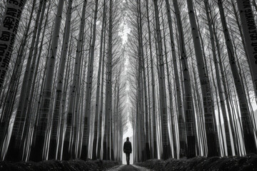 Wall Mural - Human figure walking through a forest of barcode trees,