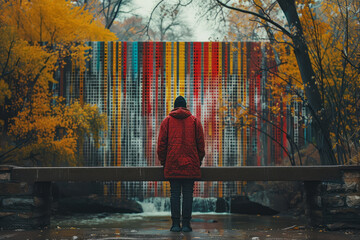 Wall Mural - A person standing on a barcode bridge spanning a digital divide,