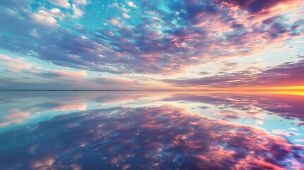A beautiful blue sky with pink clouds and a calm ocean