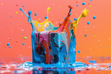 Aufkleber - A spinning cube bursting into a spectacular array of vivid colors and paints,