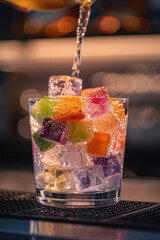 Aufkleber - Minimalist view of a bartender pouring a colorful cocktail into a crystal-clear glass,